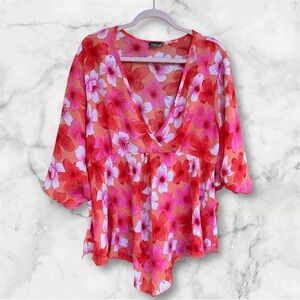 Goddess New York chiffon Floral V-Neck Women's Top sz 1x nwot #002